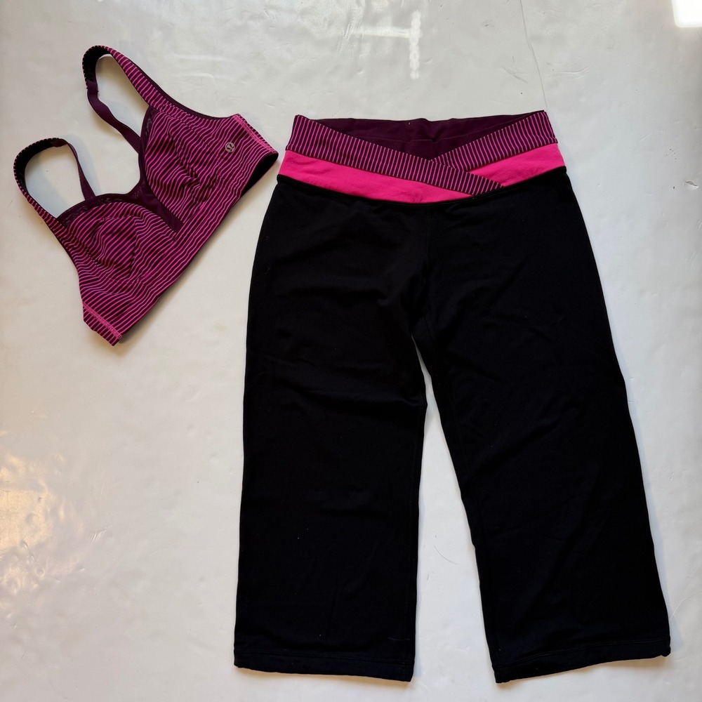 Y2K Vintage Lululemon Yoga Set Wide Leg Capri Bra Pink Purple Stripe  Size 8/34C